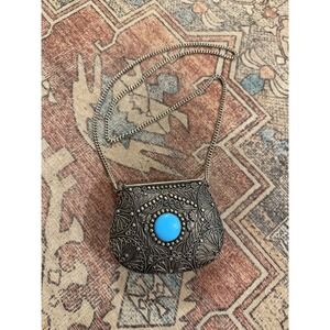 Vintage Sajai Metal Cross Body Purse with Turquoise Gem. Beautifully Unique!